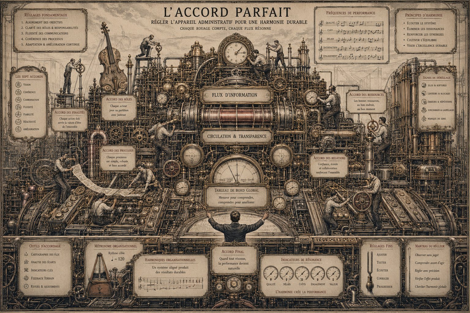 L'Accord Parfait — régler l'appareil administratif pour une harmonie durable. Chef d'orchestre de dos dirigeant une machine monumentale, accordeurs réglant chaque rouage. Sept accords : Vision, Cohérence, Coordination, Fluidité, Fiabilité, Réactivité, Amélioration. Métronome organisationnel : rythme cible 120. Accord final : quand tout résonne, la performance devient naturelle.