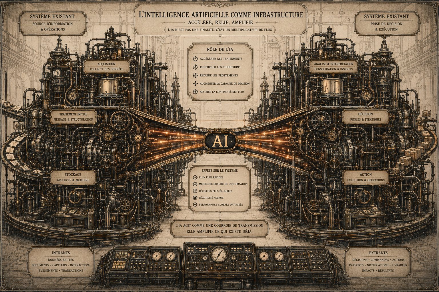 L'Intelligence Artificielle comme infrastructure — accélère, relie, amplifie. Diagramme en sablier : système existant source à gauche (Acquisition, Traitement initial, Stockage), nœud AI central lumineux, système existant décision à droite (Analyse et interprétation, Décision, Action). Rôle de l'IA : accélérer les traitements, renforcer les connexions, réduire les frottements, augmenter la capacité de décision, assurer la continuité des flux. Effets sur le système : flux plus rapides, meilleure qualité de l'information, décisions plus éclairées, réactivité accrue, performance globale optimisée.