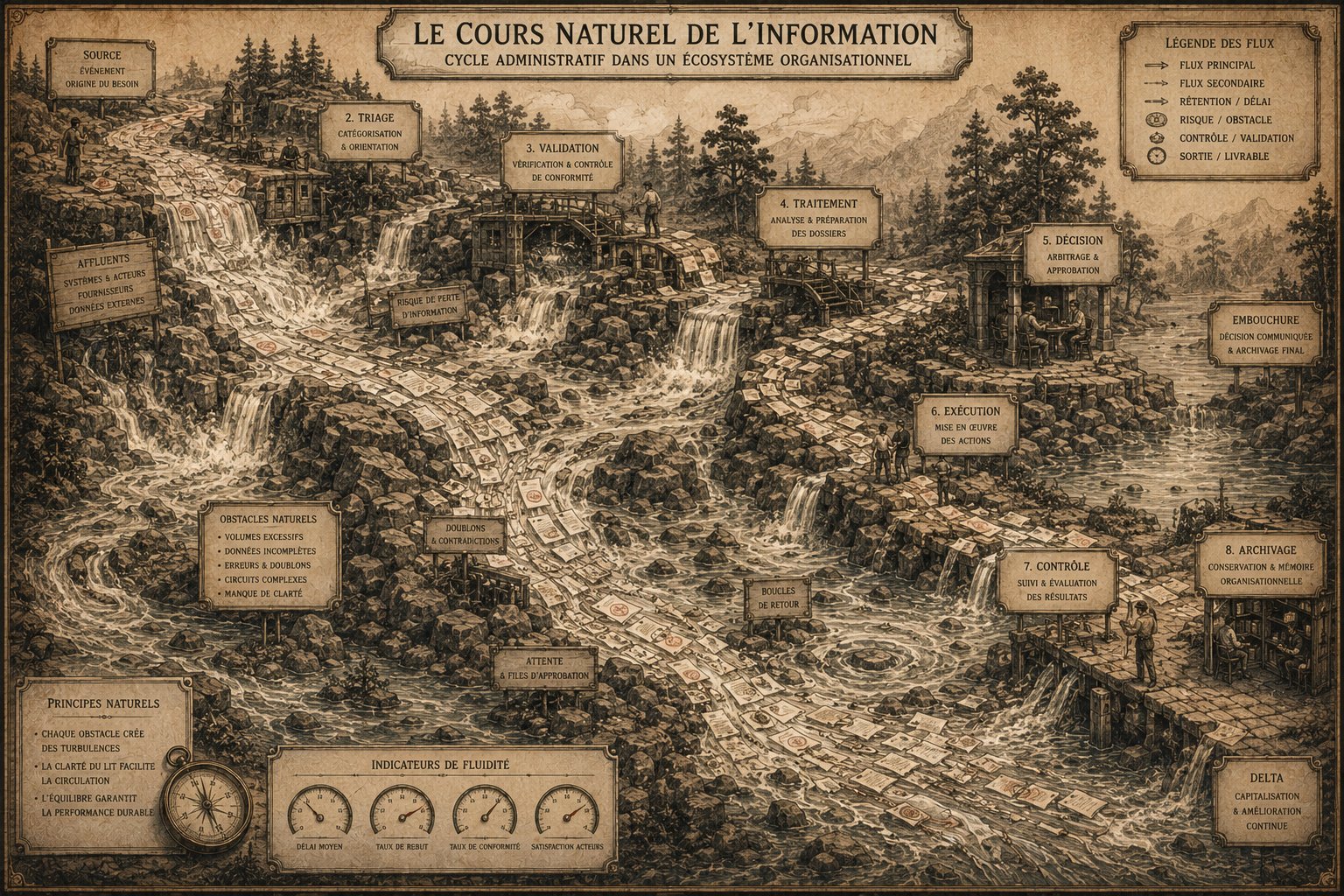 Le Cours Naturel de l'Information — cycle administratif dans un écosystème organisationnel. Carte topographique d'une rivière de documents descendant de la source (événement, origine du besoin) jusqu'au delta (capitalisation et amélioration continue), en huit étapes : Triage, Validation, Traitement, Décision, Exécution, Contrôle, Archivage. Obstacles naturels : volumes excessifs, données incomplètes, erreurs et doublons, circuits complexes, manque de clarté. Indicateurs de fluidité : délai moyen, taux de rebut, taux de conformité, satisfaction acteurs.