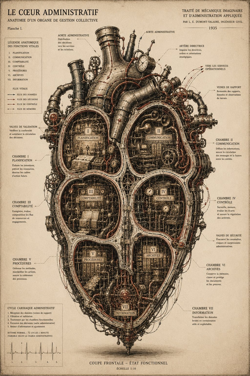 Le Cœur Administratif — anatomie d'un organe de gestion collective. Coupe frontale à sept chambres : Planification, Communication, Comptabilité, Contrôle, Procédures, Archives, Information. Aorte administrative, veines de rapport, valves de validation et de sécurité. Rythme normal : 72 cycles par minute, variable selon la charge administrative.