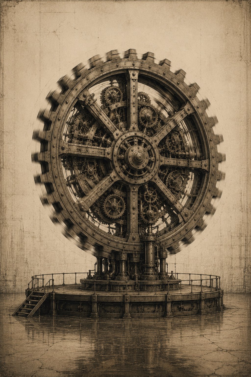 Grande roue dentée en rotation — moyeu central, six rayons portant chacun un engrenage satellite, couronne extérieure en mouvement. Le flou de rotation indique un fonctionnement en temps réel.