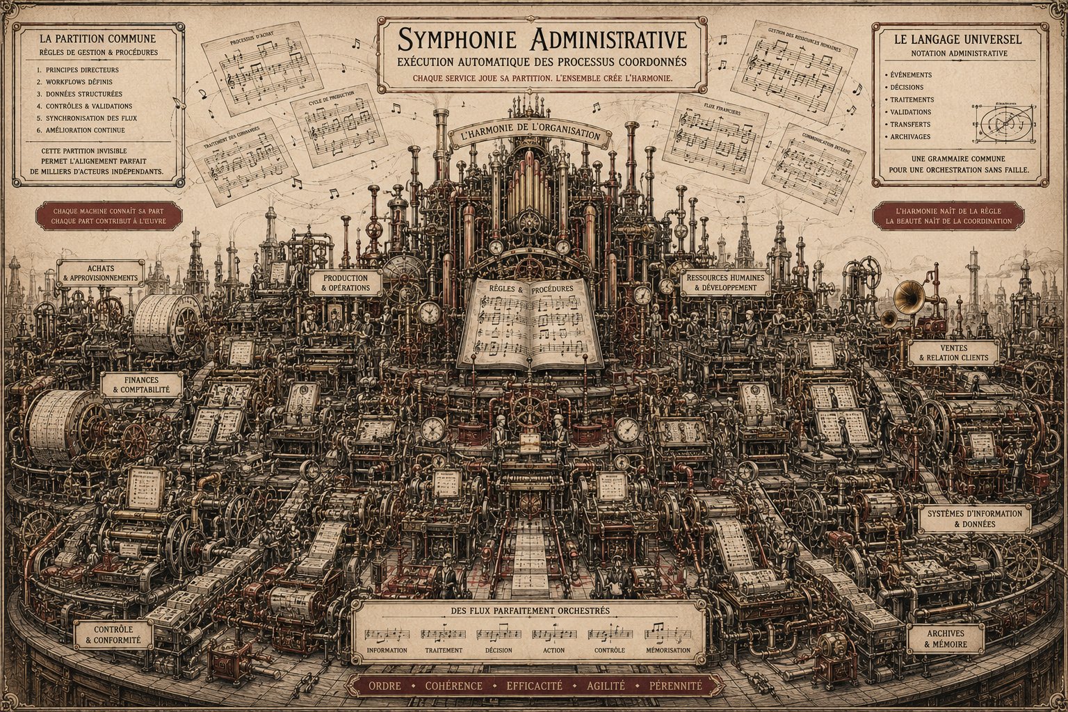 Symphonie Administrative — exécution automatique des processus coordonnés. Au centre : un pupitre ouvert sur les Règles et Procédures. Autour : huit sections instrumentales (Achats, Production, Finances, Contrôle, Ressources Humaines, Ventes, Systèmes d'information, Archives). En bas : portée musicale déroulant le flux — Information, Traitement, Décision, Action, Contrôle, Mémorisation. Devise : Ordre, Cohérence, Efficacité, Agilité, Pérennité.