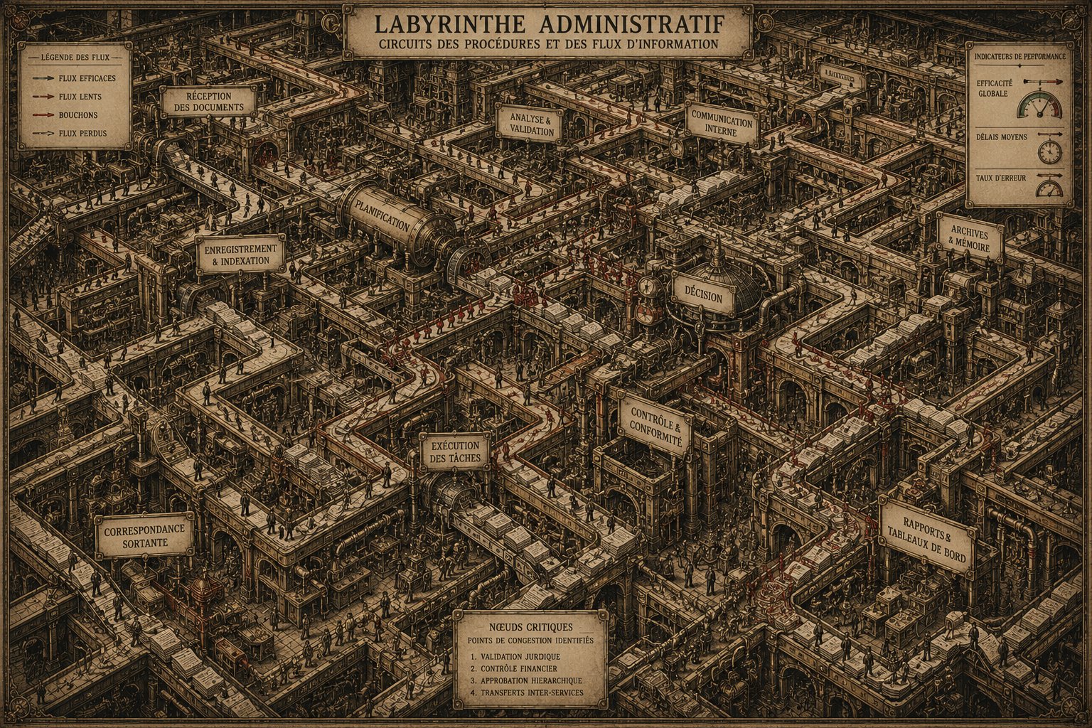 Labyrinthe Administratif — circuits des procédures et des flux d'information. Vue isométrique avec légende des flux : flux efficaces, flux lents, bouchons, flux perdus. Zones identifiées : Réception des documents, Enregistrement et indexation, Planification, Analyse et validation, Communication interne, Décision, Exécution des tâches, Contrôle et conformité, Archives et mémoire, Rapports et tableaux de bord, Correspondance sortante. Nœuds critiques : validation juridique, contrôle financier, approbation hiérarchique, transferts inter-services.