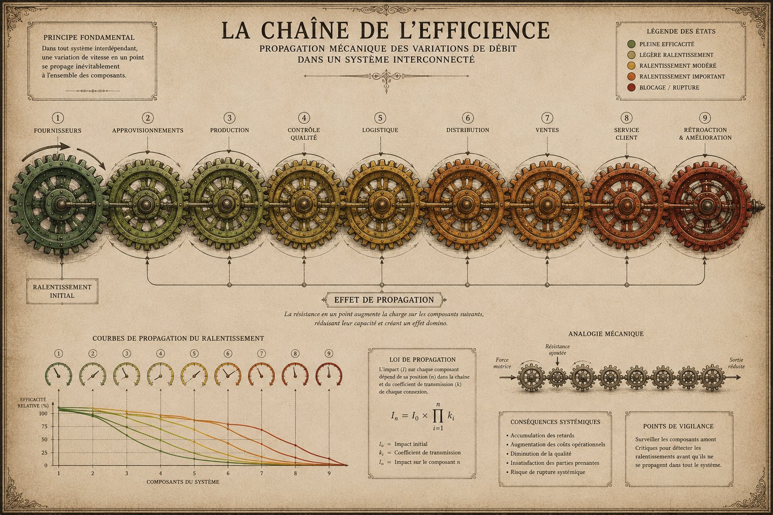 La Chaîne de l'Efficience — neuf engrenages interconnectés passant du vert (pleine efficacité) au rouge brique (blocage/rupture) : Fournisseurs, Approvisionnements, Production, Contrôle Qualité, Logistique, Distribution, Ventes, Service Client, Rétroaction et Amélioration. Loi de propagation : I_n = I_0 × produit des k_i. Courbes de propagation du ralentissement et analogie mécanique.