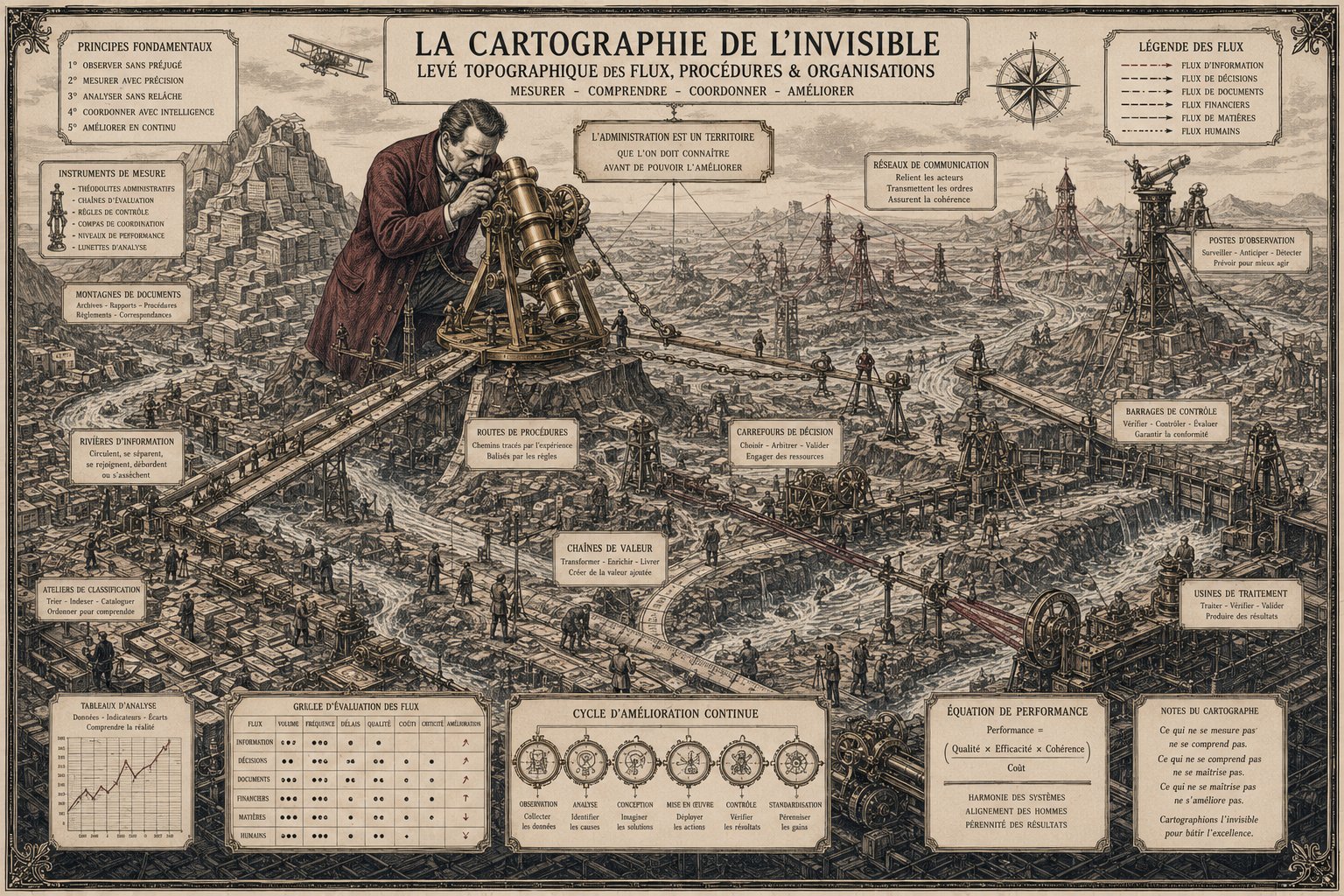 La Cartographie de l'Invisible — levé topographique des flux, procédures et organisations. Un arpenteur géant au théodolite mesure un territoire administratif peuplé de rivières d'information, routes de procédures, carrefours de décision, barrages de contrôle, ateliers de classification, usines de traitement. Équation de performance : Performance = (Qualité × Efficacité × Cohérence) / Coût.