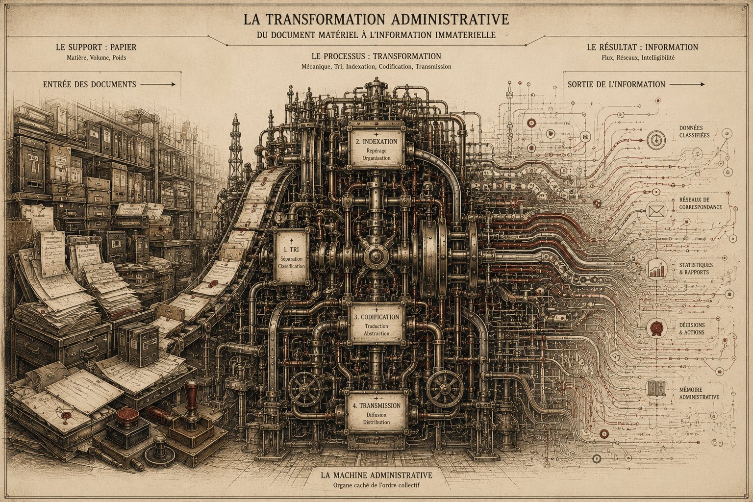 La Transformation Administrative — du document matériel à l'information immatérielle. Diagramme mécanique en quatre étapes : Tri, Indexation, Codification, Transmission. À gauche : entrée des documents. À droite : sortie de l'information — données classifiées, réseaux de correspondance, statistiques et rapports, décisions et actions, mémoire administrative.