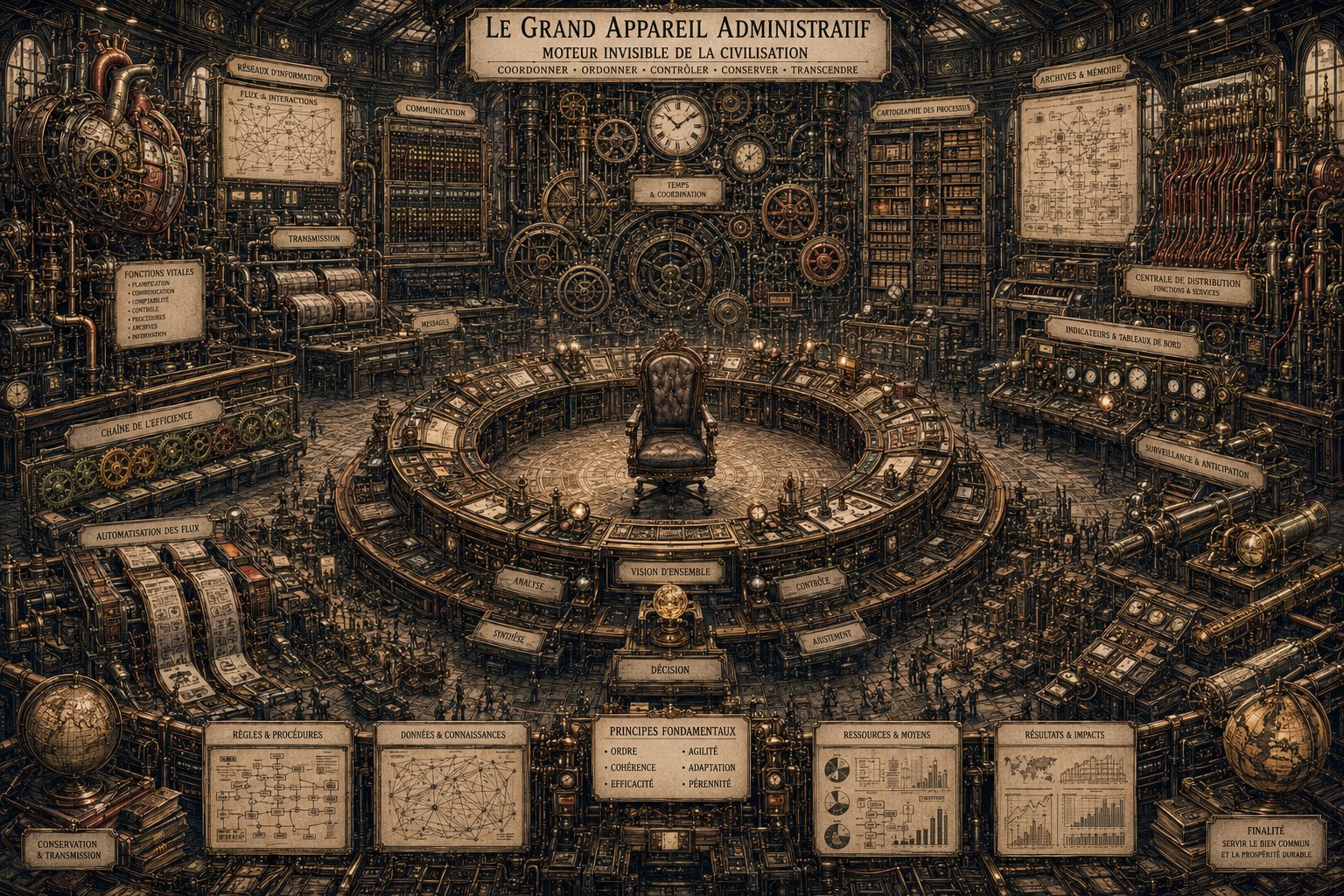 Le Grand Appareil Administratif — moteur invisible de la civilisation. Salle circulaire monumentale avec un fauteuil vide au centre, entouré de stations de travail, tableaux de bord, réseaux d'information, archives, chaîne de l'efficience, automatisation des flux. Devise : Coordonner, Ordonner, Contrôler, Conserver, Transcender. Finalité : servir le bien commun et la prospérité durable.